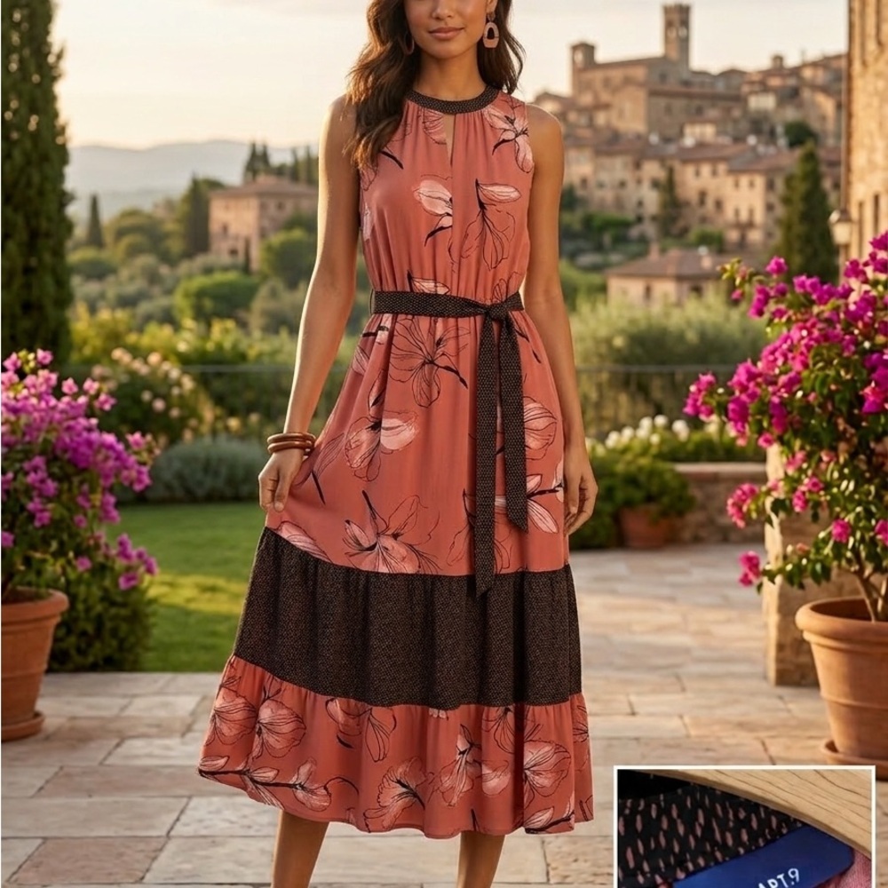 Apt. 9 Rust Floral Sleeveless Midi Dress with Black Accents